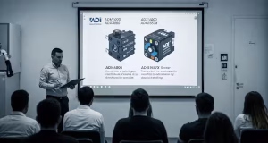 Por favor, crea una buena imagen, en horizontal sobre el siguiente seminario web: Mouser Electronics, Inc., en colaboración con Analog Devices, Inc. (ADI), ha anunciado la realización de un seminario web especializado titulado «Ingeniería de automatización industrial fiable con fusión de sensores», previsto para el próximo 29 de abril de 2025 a las 17:00 CET. Este evento abordará las últimas tecnologías en sensores inteligentes esenciales para la automatización industrial, destacando especialmente tres productos clave de ADI: los sensores ADMT4000, ADXL380 y ADIS1657x. La automatización industrial requiere sensores de alta precisión y fiabilidad capaces de ofrecer monitorización continua de parámetros vitales como presión, temperatura, caudal y posición. La eficiencia operativa de estos sistemas depende en gran medida de la calidad y la integración efectiva de dichas tecnologías de detección.